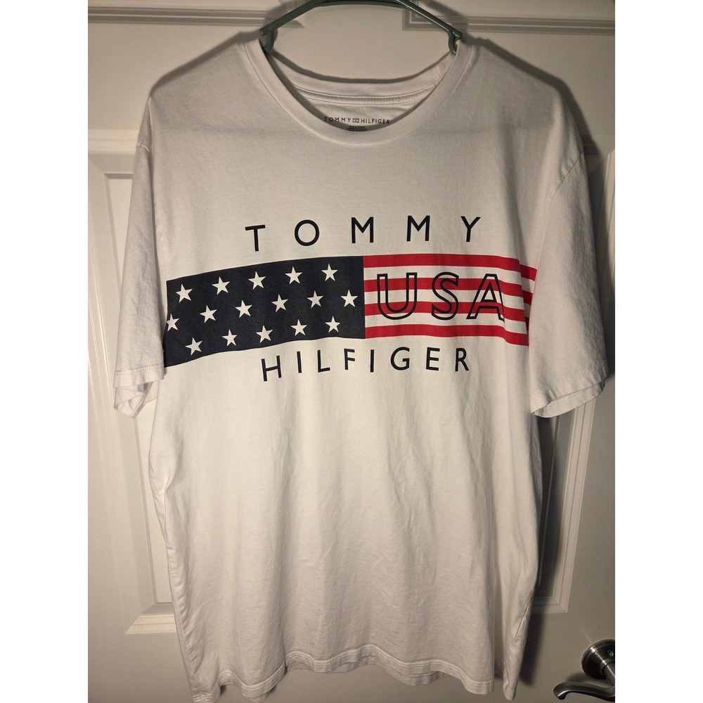 Tommy Hilfiger Graphic T-Shirt Mens XL White Excellent USA Flag Short Sleeve Tee
